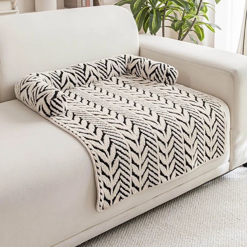 CozyClaw™ Cozy Plush Pet Sofa – hero shot on white couch, available in Coffee, Black & Grey