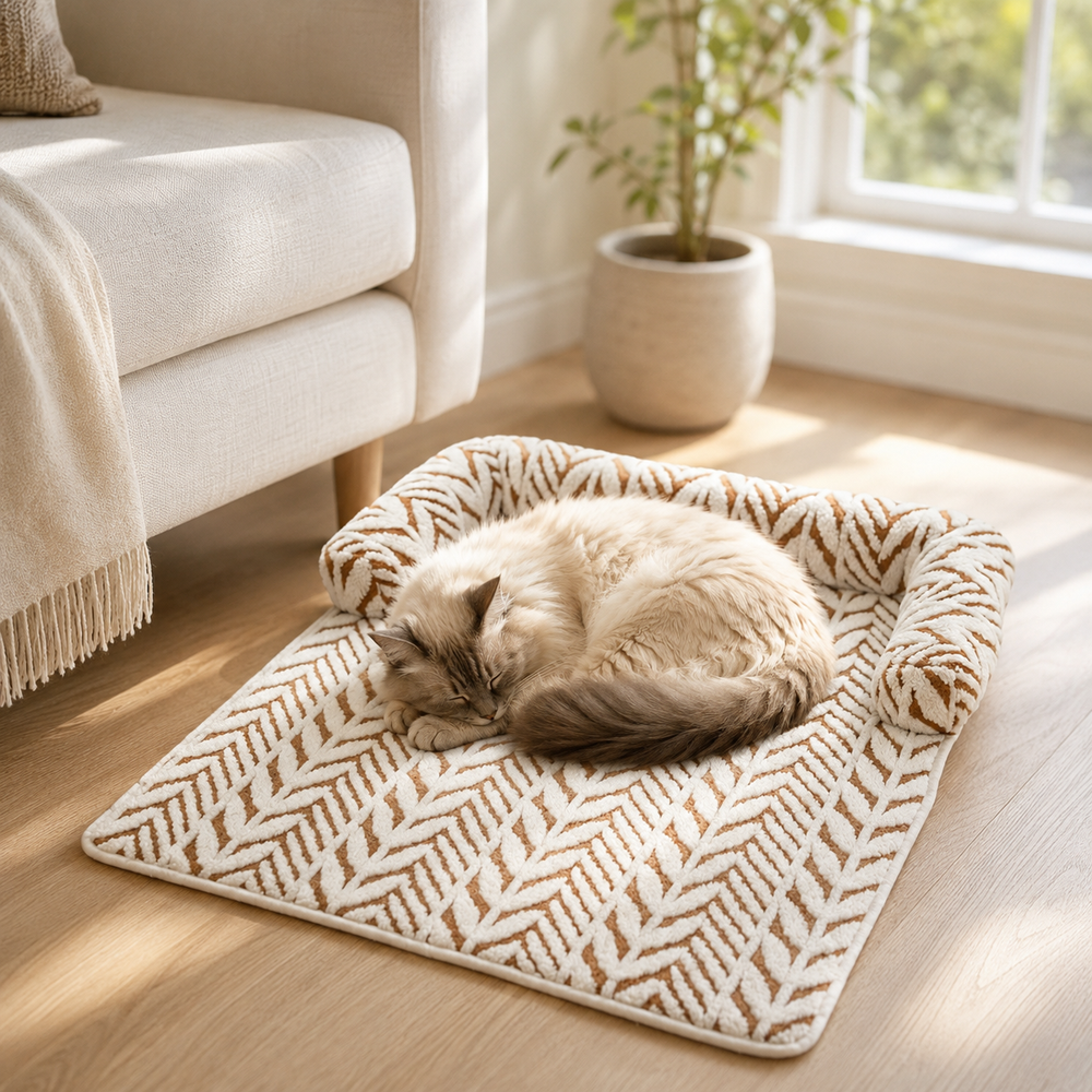 CozyClaw™ Cat sleeping on a patterned mat in a cozy living room