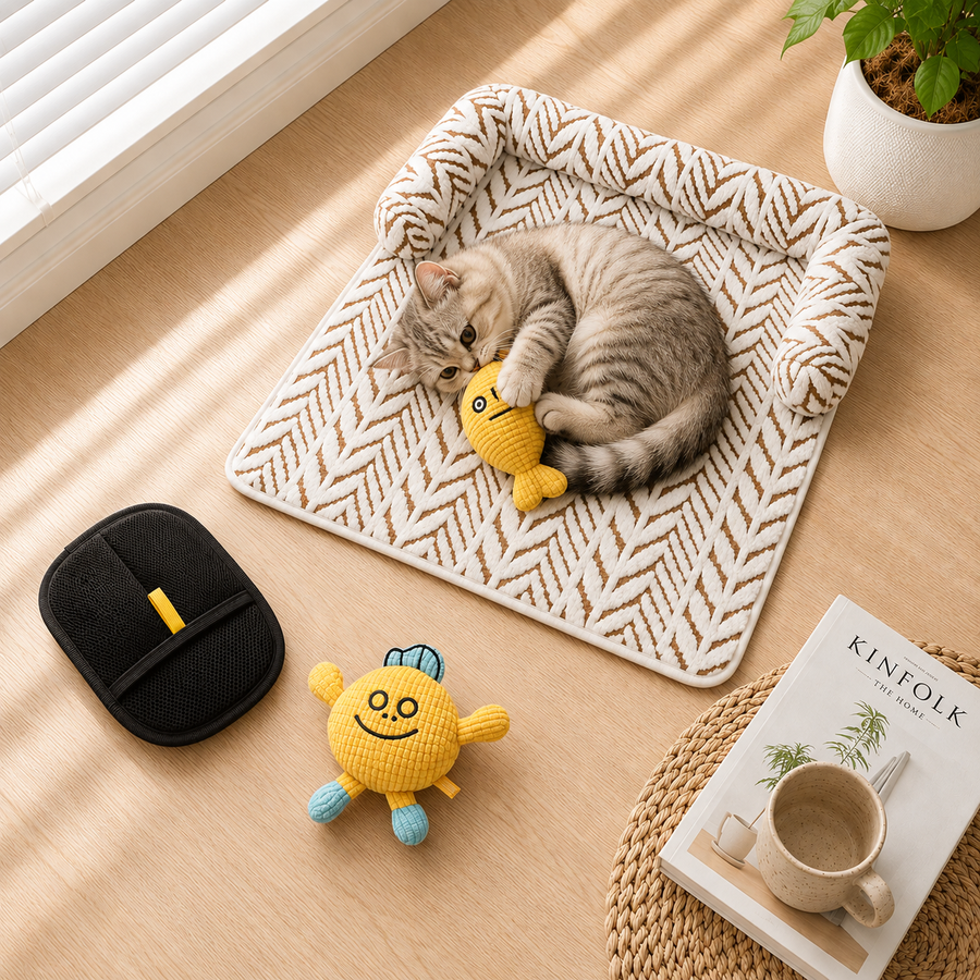 CozyClaw™ Cat lying on a patterned mat with toys and a book on a wooden floor.