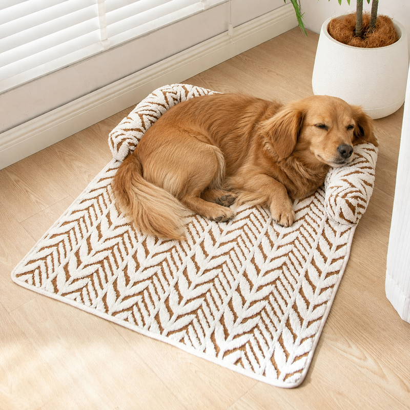 CozyClaw™ Dog lying on a patterned pet bed in a cozy living room.
