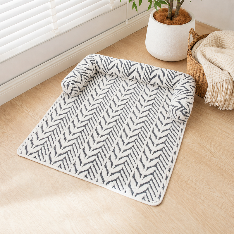 CozyClaw™ Patterned rug on a wooden floor with a plant and basket in the background