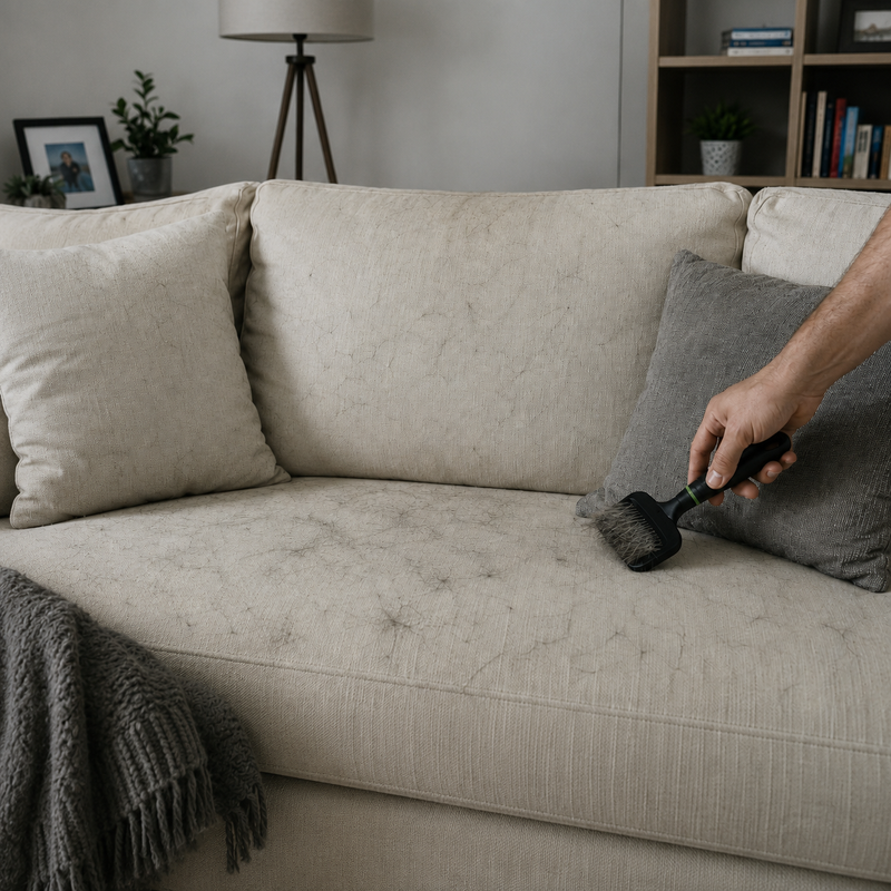 CozyClaw™ Person cleaning a beige sofa with a brush in a living room setting.