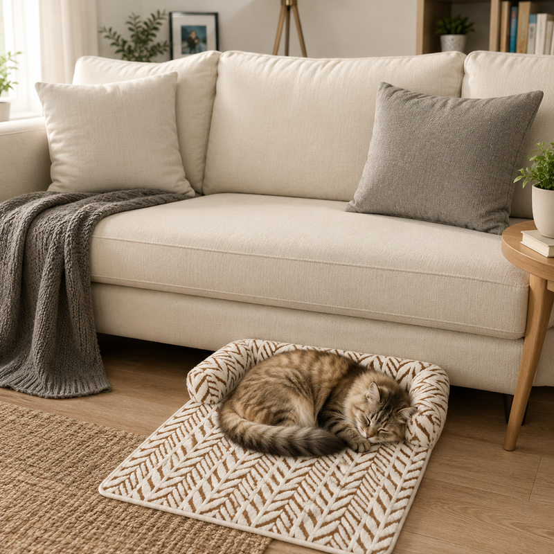 CozyClaw™ Cat resting on a patterned mat in front of a beige sofa with cushions.
