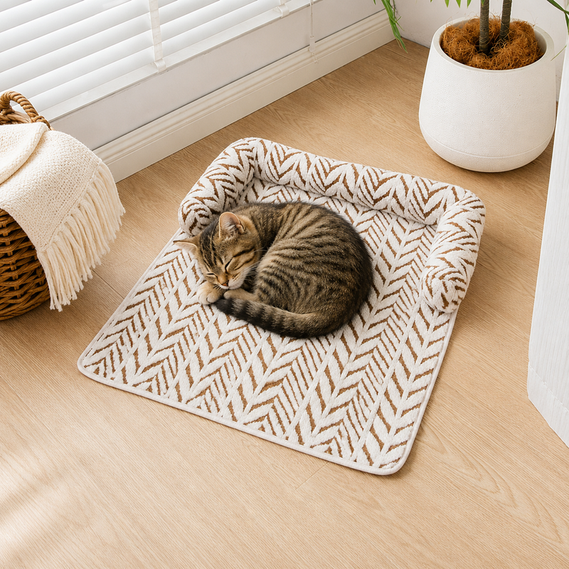 CozyClaw™ Cat lying on a patterned mat in a home setting with a plant and basket in the background.