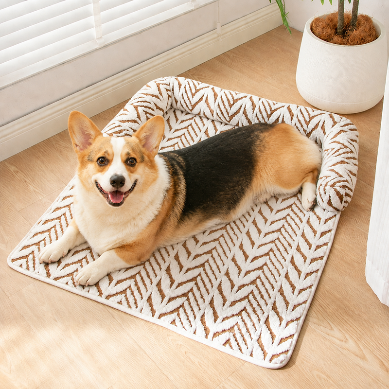 CozyClaw™ Corgi lying on a patterned mat indoors