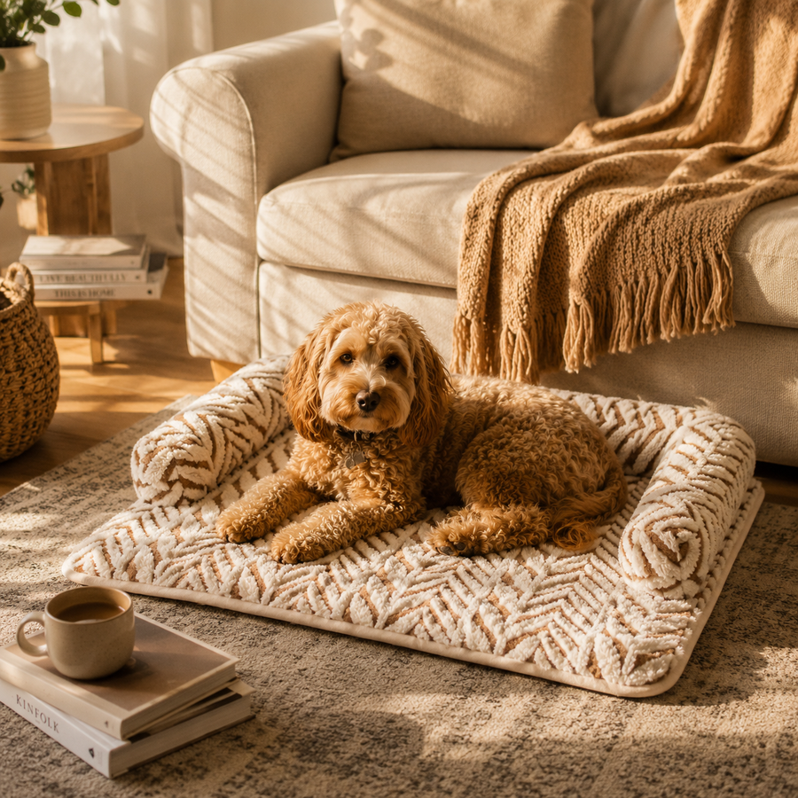 CozyClaw™ Dog lying on a patterned pet bed in a cozy living room with a cup and books.